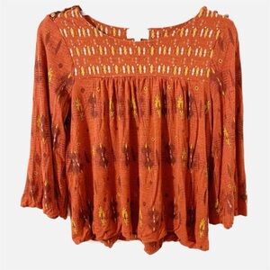 Lucky Brand Boho Print Viscose Blouse Scoop Neckline 3/4 Bell Sleeves Buttons
